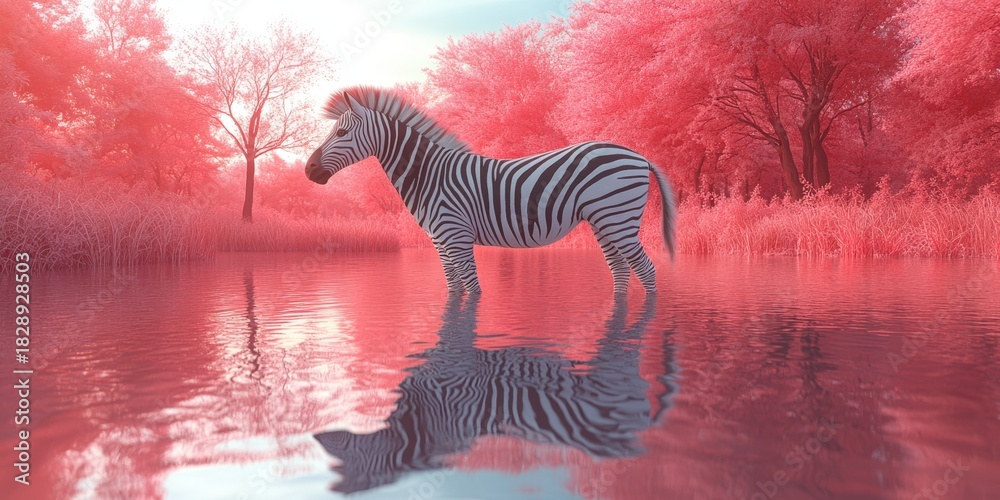 Naklejka premium A zebra gracefully stands in a tranquil pond, with vibrant red trees creating a striking backdrop. The scene evokes a sense of serenity and natural beauty.