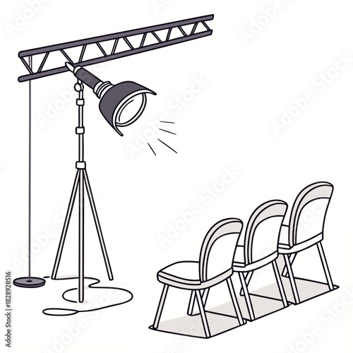 Stage spotlight illuminates empty chairs in a minimalist illustration of a performance venue