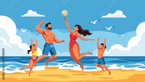 Family playing volleyball together on a sunny beach. Ideal for outdoor fun, summer vacation lifestyle, and playful family recreation visuals