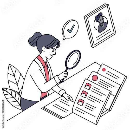 Woman with magnifying glass reviews documents and candidate profile for hiring decisions