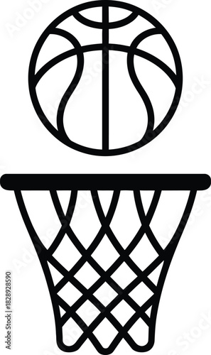 Basketball icon above net, simple vector for sports game theme.