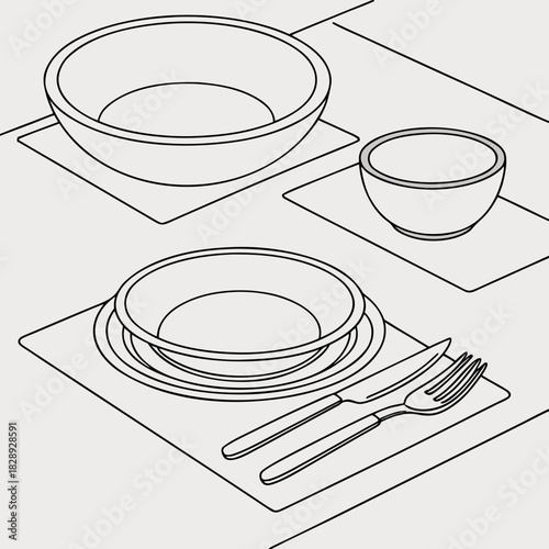 Clean line art illustration of a table setting with plates bowls and cutlery on placemats