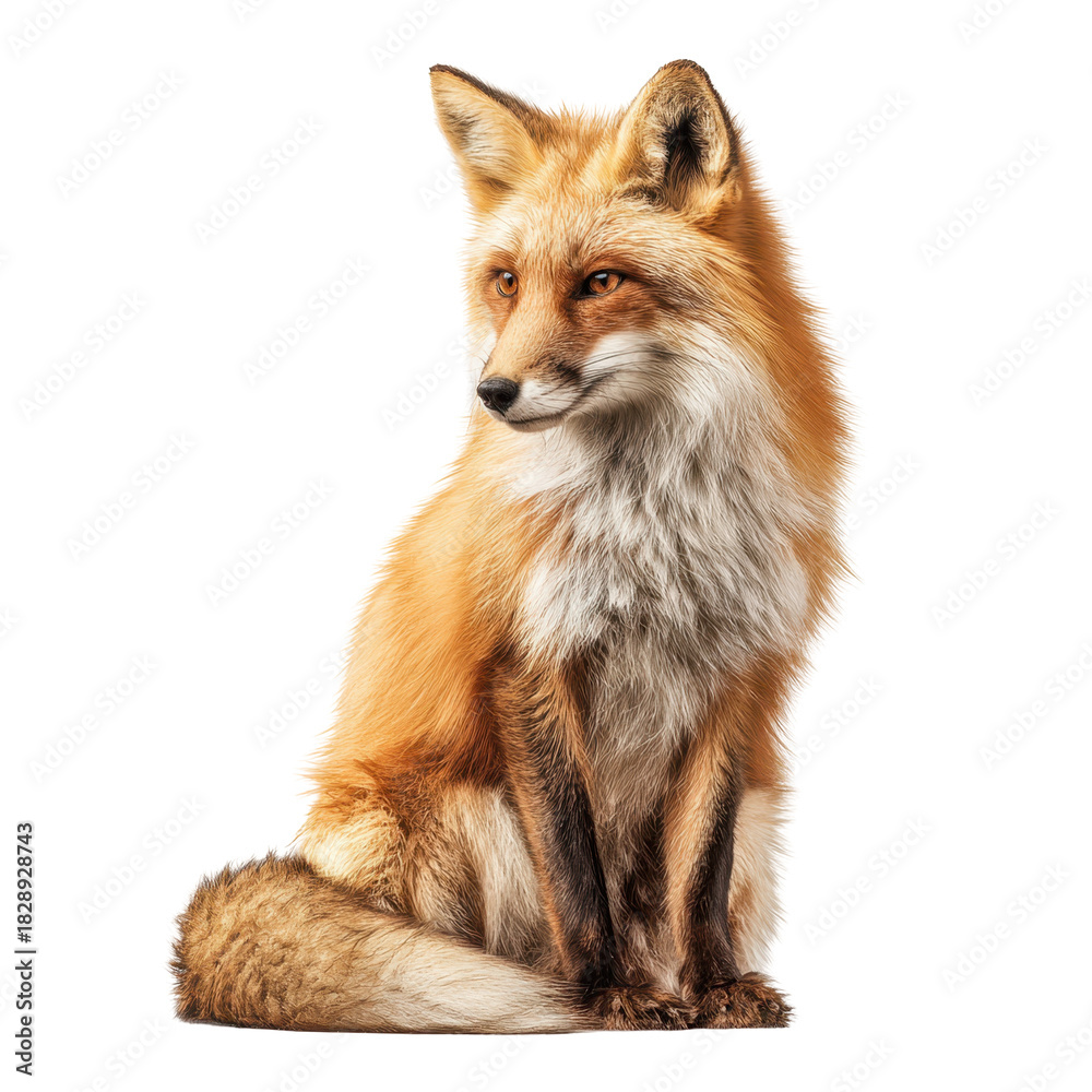 Obraz premium Sitting red fox with a bushy tail in a neutral background during the daytime
