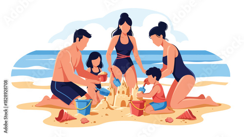 Family building a sandcastle together on the beach during a summer holiday. Ideal for playful family bonding, outdoor activities, and travel visuals