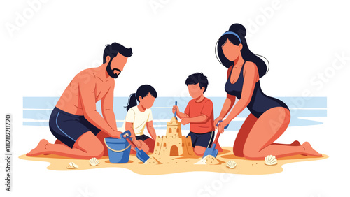Family building a sandcastle together on the beach during a summer holiday. Ideal for playful family bonding, outdoor activities, and travel visuals
