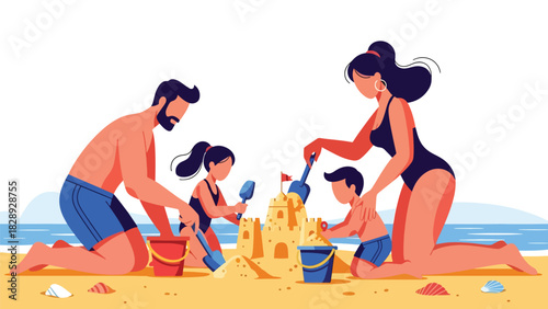 Family building a sandcastle together on the beach during a summer holiday. Ideal for playful family bonding, outdoor activities, and travel visuals