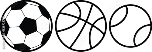 Sport ball icons: soccer, basketball, tennis - minimalist set