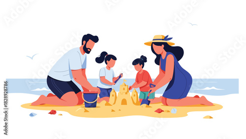 Family building a sandcastle together on the beach during a summer holiday. Ideal for playful family bonding, outdoor activities, and travel visuals