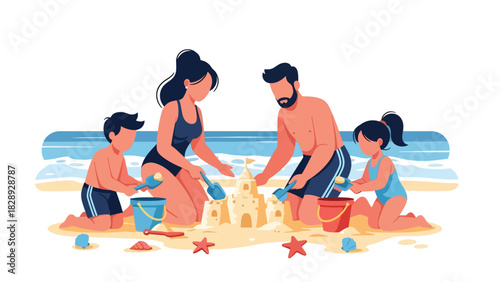 Family building a sandcastle together on the beach during a summer holiday. Ideal for playful family bonding, outdoor activities, and travel visuals