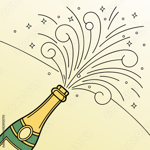 Celebratory champagne bottle opening with sparkling bubbles and starbursts against a soft yellow background