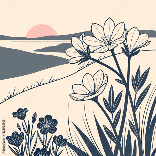 Stylized floral landscape with delicate flowers and a soft sunset over rolling hills and water