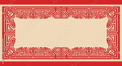 Traditional Chinese red rectangular frame with intricate geometric patterns, a vector graphic design element for oriental decoration