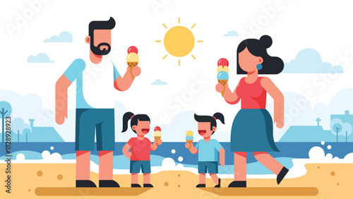 Family enjoying ice cream cones outdoors during a warm summer day. Ideal for seasonal treats, lifestyle moments, and family holiday joy