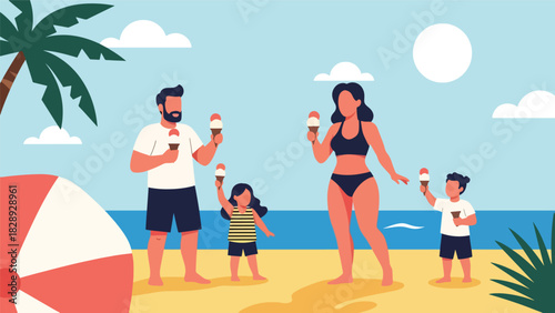 Family enjoying ice cream cones outdoors during a warm summer day. Ideal for seasonal treats, lifestyle moments, and family holiday joy