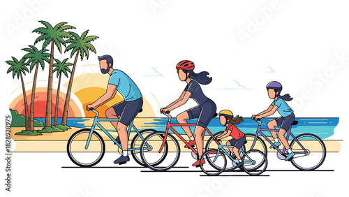 Family riding bicycles along a coastal path during a summer trip. Ideal for outdoor activities, travel, healthy lifestyle, and adventure scenes
