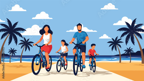 Family riding bicycles along a coastal path during a summer trip. Ideal for outdoor activities, travel, healthy lifestyle, and adventure scenes