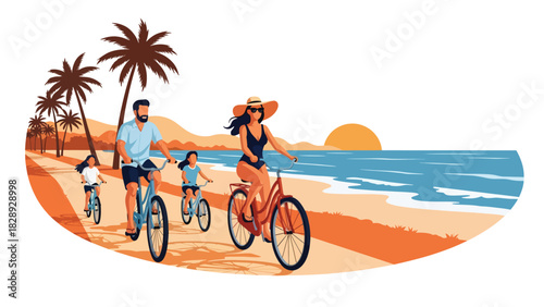 Family riding bicycles along a coastal path during a summer trip. Ideal for outdoor activities, travel, healthy lifestyle, and adventure scenes