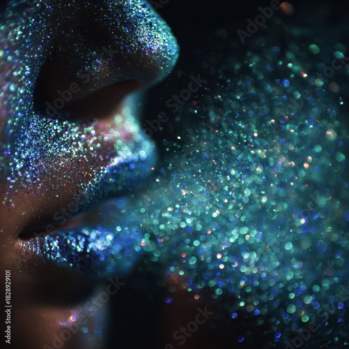 Sparkling Glitter Face - Close-up of a Persons Face with Blue Glitter, Dark Background.