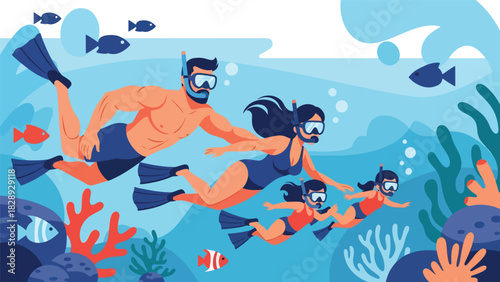Family snorkeling underwater during a summer vacation. Ideal for marine wildlife experiences, adventure, and tropical travel illustrations
