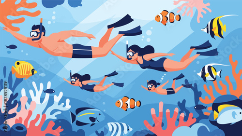 Family snorkeling underwater during a summer vacation. Ideal for marine wildlife experiences, adventure, and tropical travel illustrations
