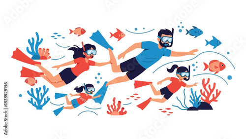 Family snorkeling underwater during a summer vacation. Ideal for marine wildlife experiences, adventure, and tropical travel illustrations