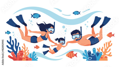Family snorkeling underwater during a summer vacation. Ideal for marine wildlife experiences, adventure, and tropical travel illustrations