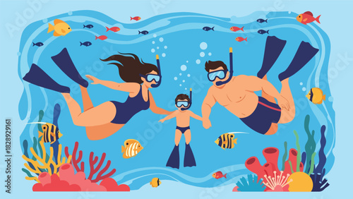 Family snorkeling underwater during a summer vacation. Ideal for marine wildlife experiences, adventure, and tropical travel illustrations