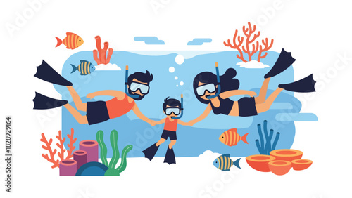 Family snorkeling underwater during a summer vacation. Ideal for marine wildlife experiences, adventure, and tropical travel illustrations