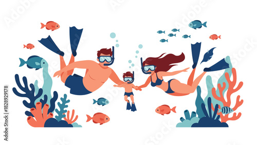 Family snorkeling underwater during a summer vacation. Ideal for marine wildlife experiences, adventure, and tropical travel illustrations