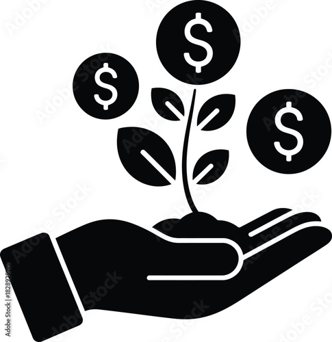 Hand holding a plant with dollar signs, showing investment growth.