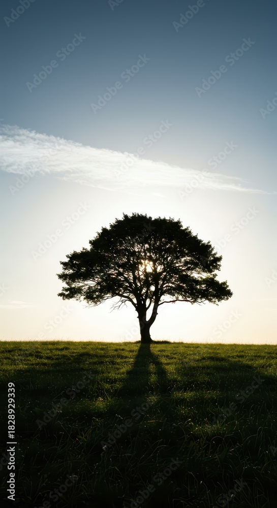 Obraz premium A majestic, powerful tree stands alone on a windswept grassy hill, featuring a strong, dramatic silhouette against the bright sky, isolated, structure, rugged