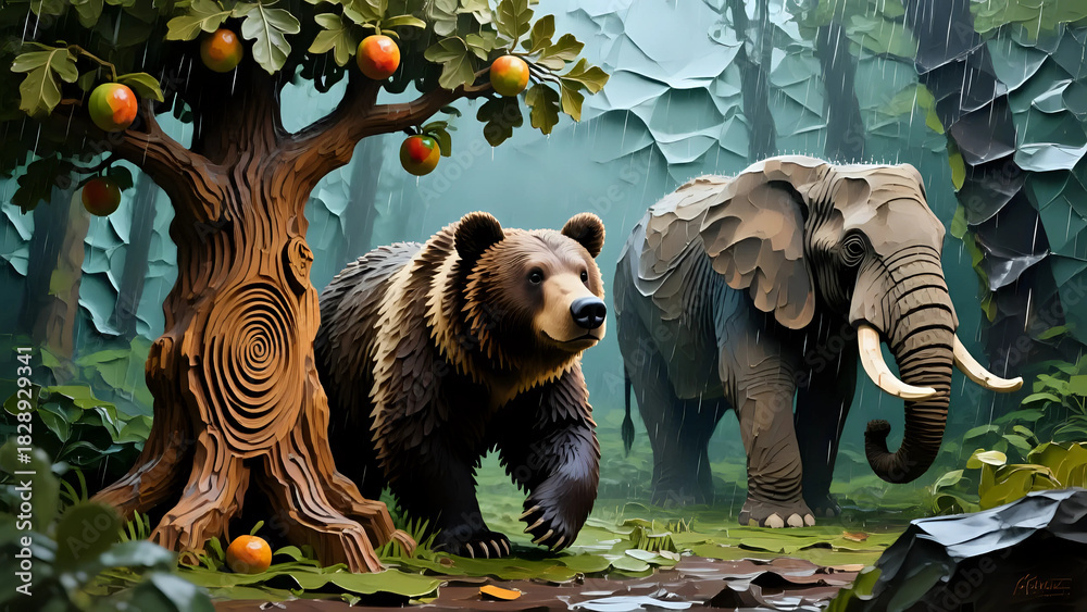 Naklejka premium Brown bear and elephant in Forest 