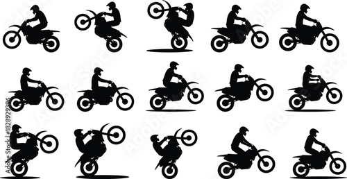 Dirt bike rider silhouettes set, various stunts and riding poses, motocross, freestyle, extreme sport, motorcycle, action, speed, adrenaline, black, vector, illustration, graphic, dynamic.