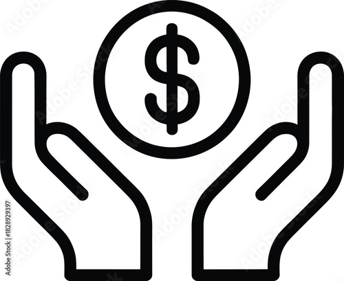 Hands holding dollar coin line icon depicting money and finance