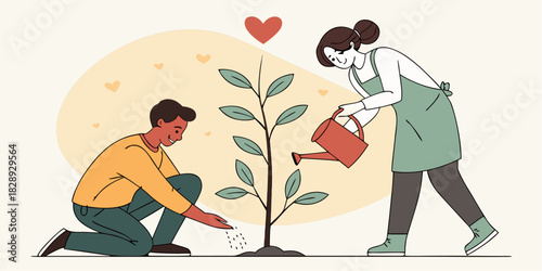 Couple planting a tree together with love and care, nurturing growth, symbolizing unity, and environmental stewardship for a greener future