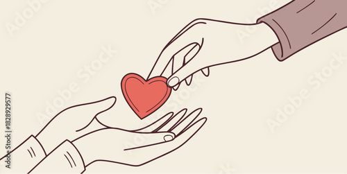 Offering heartfelt support, a hand gently passes a red heart, symbolizing love and care, perfect for expressing empathy and kindness in your designs