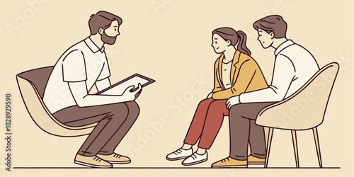 Couple in therapy session seeking relationship advice with professional counselor, fostering communication and understanding for happy marriage, originally vector