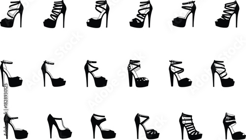 High heel sandals silhouettes set, various styles, women's fashion shoes, elegant, stylish, glamorous, party, evening, formal, black, vector, illustration, graphic, dynamic.