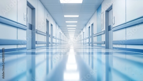 Wallpaper Mural A long, empty, and brightly lit hospital corridor with a shiny blue floor and multiple doors, symbolizing modern healthcare, medical facilities, future, and patient journey Torontodigital.ca
