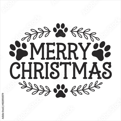 Merry Christmas lettering with paw print accents and simple leaf border conveys holiday cheer