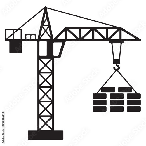 Construction Crane Silhouette – Industrial Tower Lift with Hook and Load