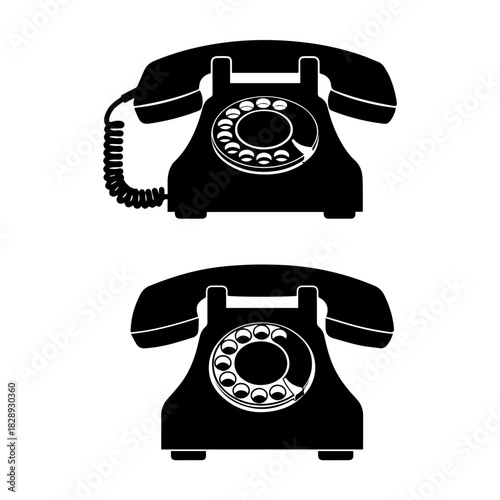 black silhouette of a vintage rotary telephone, simple round dial shape,
