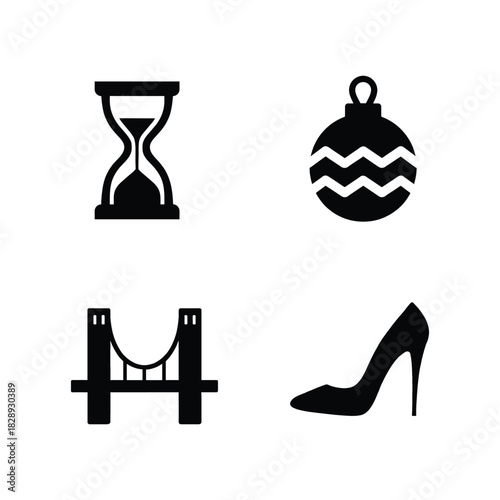Four black silhouette icons of an hourglass Christmas ornament bridge and high heel shoe