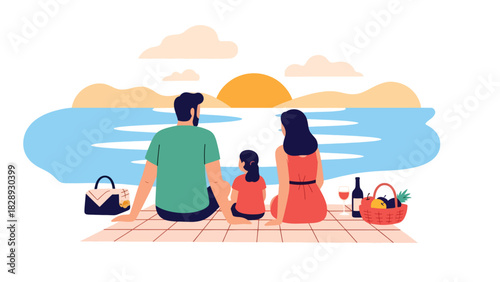 Family enjoying a picnic while watching the sunset during their summer holiday. Ideal for peaceful outdoor lifestyle, vacation memories, and travel content
