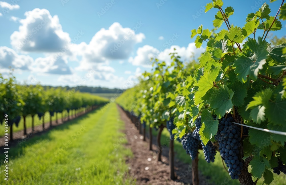 Naklejka premium Rows of grape vines heavy with ripe dark grapes stretch towards horizon under clear blue sky with scattered white clouds. Green leaves, grass contrast with rich purple fruit on woody stems. Vineyard