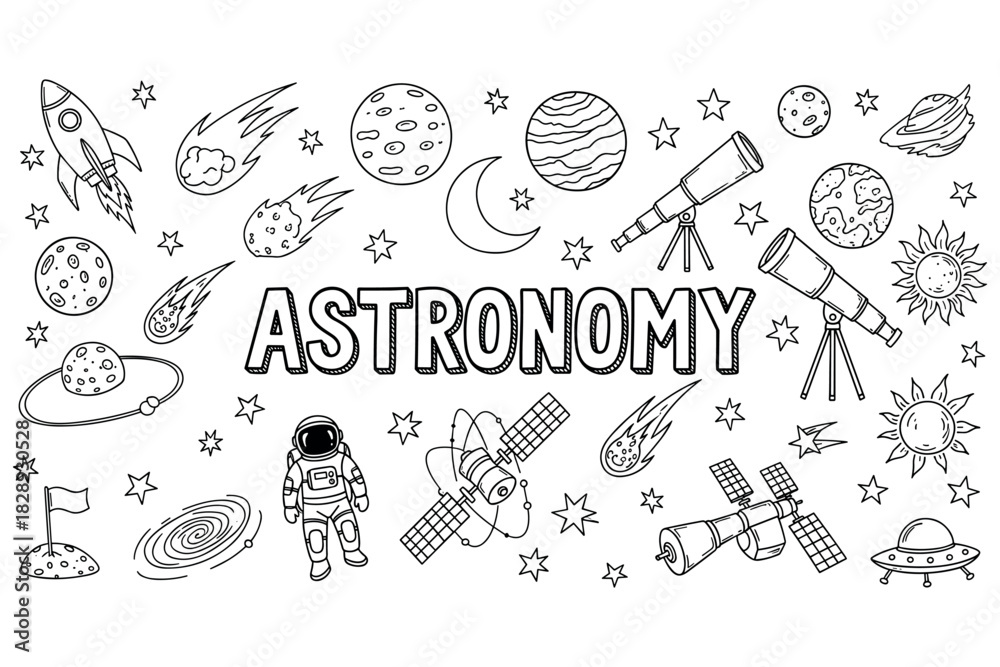 Obraz premium Astronomy doodle art with rockets, planets, telescopes, and stars