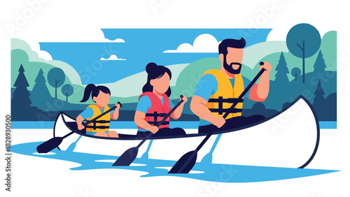 Family enjoying a boat canoe ride during summer holiday travel. Ideal for adventure, outdoor lifestyle, marine tourism, and family bonding themes