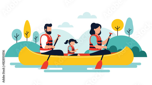Family enjoying a boat canoe ride during summer holiday travel. Ideal for adventure, outdoor lifestyle, marine tourism, and family bonding themes