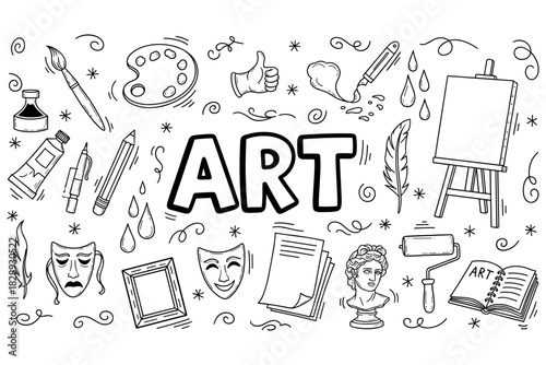 Creative doodle art featuring sketching tools and art supplies