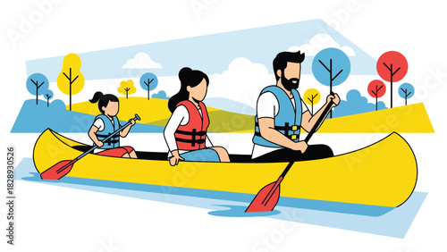 Family enjoying a boat canoe ride during summer holiday travel. Ideal for adventure, outdoor lifestyle, marine tourism, and family bonding themes